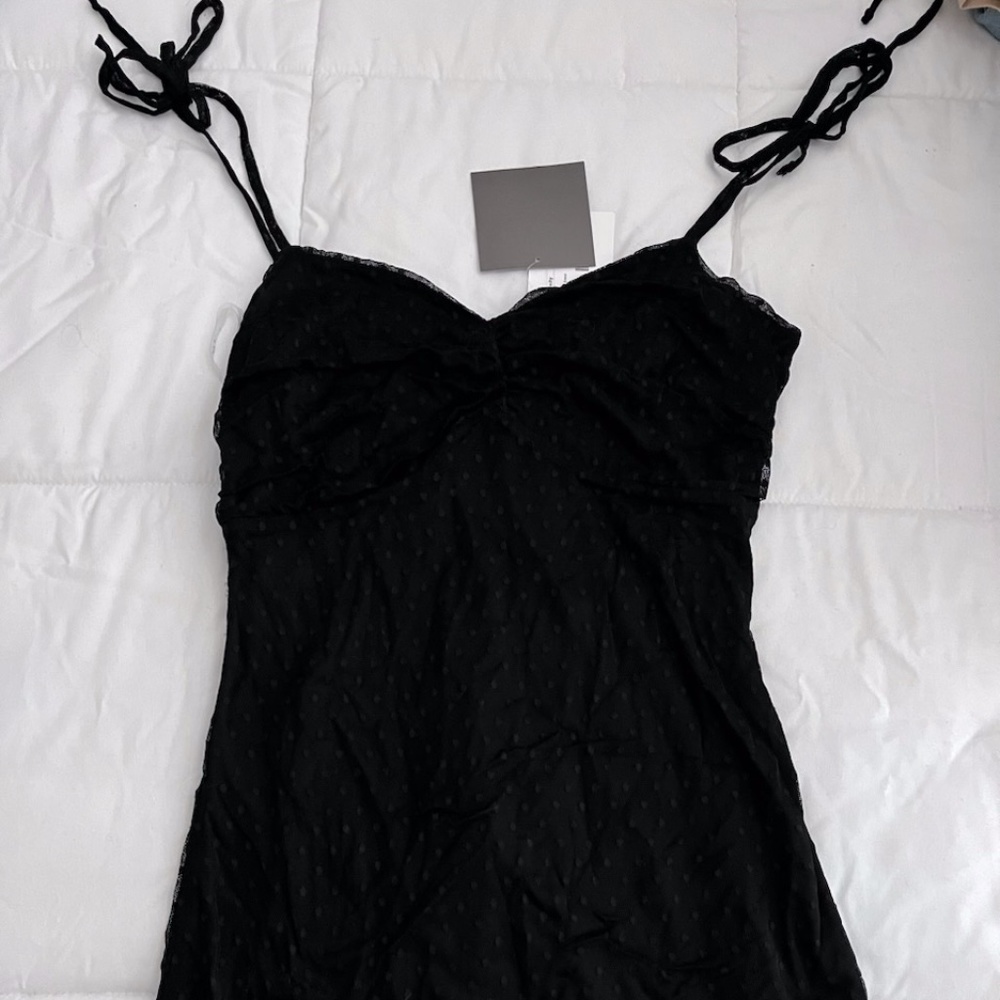 Sanity Style Little Black Dress With Polka Dot Mesh Detail & Tie Straps, Size M